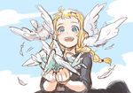  1boy blonde_hair blue_eyes cloud clouds feathers marvel mjolnir pigeons smile thor_(marvel) 