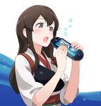  akagi_(kantai_collection) brown_eyes brown_hair drooling game_console handheld_game_console hungry japanese_clothes jumping_dogeza kantai_collection long_hair meta muneate open_mouth playstation playstation_vita solo you're_doing_it_wrong 