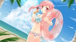  :o beach bikini blush condensation_trail day food highres ice_cream ifnil innertube long_hair looking_at_viewer navel original palm_tree pink_eyes pink_hair red_eyes solo spill striped striped_bikini swimsuit thigh_gap tree twintails 