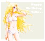  ahoge bikini blonde_hair blue_eyes contrapposto happy_birthday highres long_hair nashi_(starfish0115) ryuumonbuchi_touka saki side-tie_bikini solo standing swimsuit wavy_hair white_bikini wind 