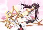  black_hair blonde_hair blue_eyes breasts cecilia_alcott highres infinite_stratos ka2 long_hair multiple_girls navel no_bra open_clothes ponytail purple_eyes shinonono_houki 