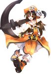  belt belt_buckle boots brown_hair buckle fingerless_gloves flat_chest gloves guilty_gear hasu_(windmill2ndg) hat highres huge_weapon long_hair may_(guilty_gear) midriff orange_eyes orange_hat orange_shirt over_shoulder pants pants_rolled_up pirate_hat salute shirt skull skull_and_crossbones solo weapon weapon_over_shoulder 