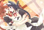  animal_ears apron black_hair blue_eyes blush cat_ears cat_tail curtains dress fang hug long_hair maid maid_headdress mouth_hold multiple_girls orange_eyes orange_hair original samucha short_hair skirt smile tail window yuri 