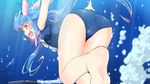  ass barefoot blue_hair breasts fang from_behind hair_ornament hair_ribbon i-19_(kantai_collection) kantai_collection large_breasts long_hair looking_back one-piece_swimsuit red_eyes ribbon school_swimsuit smile solo swimsuit torpedo twintails underwater yuto_(dialique) 
