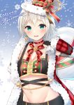 1girl absurdres aoba_moka bang_dream! black_gloves black_shorts blue_eyes blush braid breasts choker christmas cleavage collarbone commentary_request crop_top fingerless_gloves fur-trimmed_jacket fur_trim gloves groin hat hat_ribbon highres holding holding_sack jacket long_sleeves looking_at_viewer medium_breasts merry_christmas midriff nari_(narikashi) navel neck_ribbon open_clothes open_jacket parted_lips red_choker red_hat red_jacket red_neckwear ribbon sack santa_costume short_hair shorts silver_hair sleeves_past_wrists smile snowflakes solo stomach top_hat upper_body 