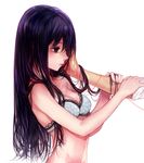  aqua_bra arm_holding bare_shoulders black_eyes black_hair bra breasts cleavage expressionless eyelashes hand_on_another's_face hands highres lace lace-trimmed_bra lips long_hair medium_breasts original profile purple_hair red_string simple_background solo_focus string tcb underwear underwear_only white_background 