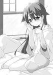  blanket blush breasts greyscale houshou_(kantai_collection) isshitaira japanese_clothes kantai_collection long_hair looking_at_viewer monochrome open_clothes open_shirt ponytail shirt small_breasts smile solo sweat 