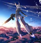  absurdres ace_combat animal_ears blonde_hair blue_eyes condensation_trail extra_ears f-22_raptor flying green_eyes gun hair_ribbon heterochromia highres holding holding_gun holding_weapon isaf jacket m249 machine_gun mobius_1 multiple_girls open_mouth original panties pantyshot ribbon scope star_(sky) striker_unit sunrise tail takunari trigger_discipline underwear weapon white_panties world_witches_series 