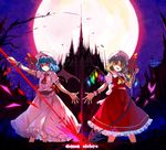  absurdres baisi_shaonian bat_wings blue_hair castle flandre_scarlet full_moon glowing glowing_eyes hat hat_ribbon highres laevatein moon multiple_girls red_eyes red_hair remilia_scarlet ribbon spear_the_gungnir symmetry touhou wings wrist_cuffs 