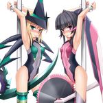  akatsuki_kirika armpits arms_up bangs black_hair blonde_hair blush bodysuit breasts covered_navel cuffs eto eyebrows_visible_through_hair green_eyes handcuffs highres long_hair motion_blur multiple_girls purple_eyes restrained scythe senki_zesshou_symphogear short_hair small_breasts thighhighs tsukuyomi_shirabe weapon 