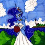  anthro anthrofied blue_eyes blush bouquet cleavage clothed clothing cloud equine female friendship_is_magic grass horn horse lighthouse looking_at_viewer mammal my_little_pony necklace newyorkx3 outside pony princess_luna_(mlp) sea sky sparkles standing tiara traditional_media water wedding_dress winged_unicorn wings 