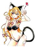  animal_ears bikini black_bikini blonde_hair blush bow breasts cat_ears cat_tail cleavage collarbone colored_pencil_(medium) contrapposto eyebrows eyelashes gokuu_(acoloredpencil) groin hair_bow heart highres kemonomimi_mode large_breasts long_hair looking_at_viewer navel paw_pose paw_print purple_eyes simple_background smile solo standing swimsuit tail touhou traditional_media very_long_hair white_background yakumo_yukari 