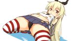  anchor black_panties blonde_hair blush elbow_gloves gloves hair_ornament hairband kantai_collection long_hair looking_at_viewer navel panties shimakaze_(kantai_collection) skirt solo striped striped_legwear thighhighs underwear white_gloves yuto_(dialique) 