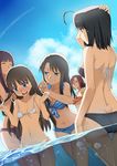  aozaki_touko asagami_fujino ass assisted_exposure aunt_and_niece bikini black_hair blue_eyes blush breasts brown_hair closed_eyes cloud day flat_chest glasses highres kara_no_kyoukai kokutou_azaka long_hair mother_and_daughter multiple_girls nanaya_(daaijianglin) navel outdoors partially_submerged ponytail purple_hair red_eyes red_hair ryougi_mana ryougi_shiki short_hair sky small_breasts smile swimsuit thigh_gap water 