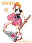 aqua_eyes character_name cleavage_cutout copyright_name fingerless_gloves flipped_hair gloves hammer heart nora_valkyrie open_mouth orange_hair rwby simple_background siroirohituji smile 