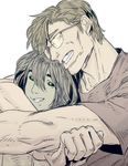  2boys brown_hair bruce_banner embrace family father_and_son glasses green_eyes hug hulk marvel multiple_boys simple_background skaar smile 