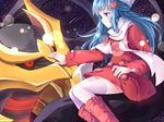  alternate_costume beanie blue_eyes blue_hair boots coat gen_4_pokemon giratina hat hikari_(pokemon) long_hair pink_footwear pokemon pokemon_(creature) pokemon_(game) pokemon_dppt pokemon_platinum red_eyes scarf star starry_background transistor white_legwear white_scarf winter_clothes 