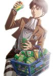  ascot black_hair buckle dutch_angle emblem holding jacket jagariko levi_(shingeki_no_kyojin) male_focus paradis_military_uniform shingeki_no_kyojin short_hair solo survey_corps_(emblem) uniform very_short_hair white_background yyukke 