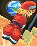  ass belt bike_shorts bike_shorts_under_shorts blonde_hair box dutch_angle gloves green_eyes hat highres kneepits leaning_forward looking_back m.m parted_lips pocket red_shorts rockman rockman_dash roll_caskett short_hair short_sleeves shorts solo standing thigh_gap window 