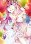  balloon bare_shoulders blue_eyes collarbone dress flower head_wreath just_be_friends_(vocaloid) long_hair megurine_luka pink_hair reika_(iamreika) see-through solo tears vocaloid 