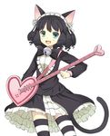  :d animal_ears bell black_hair cat_ears cat_tail curly_hair cyan_(show_by_rock!!) dress frilled_dress frills guitar heart_guitar ikura_hato instrument jingle_bell open_mouth show_by_rock!! smile strawberry_heart striped striped_legwear tail thighhighs 