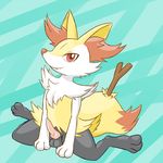  anthro balls black_fur braixen canine cum ear_tuft fennec fox fur knot looking_at_viewer male mammal nintendo penis pok&#233;mon pok&eacute;mon presenting red_eyes shoulder_tufts simple_background smile solo stick tuft unknown_artist video_games white_fur yellow_fur 