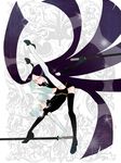  androgynous bad_id bad_pixiv_id black_hair black_legwear bort diamond_(houseki_no_kuni) elbow_gloves gem_uniform_(houseki_no_kuni) gloves highres houseki_no_kuni katana long_hair miniato multiple_others short_hair sword thighhighs upside-down very_long_hair weapon white_hair white_legwear 