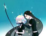  androgynous black_gloves black_hair blue_background bort diamond_(houseki_no_kuni) elbow_gloves from_side gem_uniform_(houseki_no_kuni) gloves gradient gradient_background hair_between_eyes holding houseki_no_kuni katana long_hair multicolored multicolored_eyes multicolored_hair multiple_others necktie parted_lips rainbow_eyes rainbow_hair short_hair sparkle sword tanpi very_long_hair weapon white_gloves 