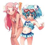  :o arm_up bangs bikini blue_bikini blue_eyes blue_hair blush bow_bikini breast_squeeze breasts cleavage d: earrings eyewear_on_head fantasista_doll fingernails flat_chest flipped_hair flower food food_on_face frilled_bikini frilled_swimsuit frills front-tie_bikini front-tie_top hair_flower hair_ornament hands_on_own_knees heart heart-shaped_eyewear highres ice_cream ice_cream_cone ice_cream_cone_spill jewelry katia_(fantasista_doll) leaning_forward long_hair looking_down multiple_girls navel nyama open_mouth pink_eyes pink_hair shimeji_(fantasista_doll) side-tie_bikini simple_background spill standing strap_slip suggestive_fluid sunglasses swimsuit twintails white_background 