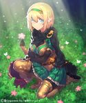  armor armored_dress black_legwear blonde_hair blue_eyes blush boots breasts bug butterfly cleavage_cutout cloak dagger earrings elf fingerless_gloves fit flower full_body gloves grass hairband holding holding_flower insect jewelry knee_up large_breasts light looking_at_viewer mckeee pantyhose pointy_ears shadowverse shingeki_no_bahamut short_hair sitting solo sparkle thigh_boots thighhighs watermark weapon 