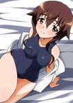  bed_sheet blush breasts brown_eyes brown_hair highres long_hair medium_breasts one-piece_swimsuit school_swimsuit sitting smile solo strike_witches swimsuit takei_junko tokiani undressing world_witches_series 