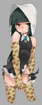  animal_print black_hair cowboy_shot cropped_legs dress elbow_gloves gloves grey_background hood jojo_no_kimyou_na_bouken kochiya_(gothope) leopard_print panties panty_pull short_dress solo steel_ball_run sugar_mountain thighhighs underwear 