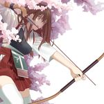  aiming akagi_(kantai_collection) archery armor arrow bad_id bad_pixiv_id bow_(weapon) brown_eyes brown_hair cherry_blossoms drawing_bow gloves highres holding holding_arrow holding_bow_(weapon) holding_weapon japanese_clothes kantai_collection kosagi_midori kyuudou long_hair muneate open_mouth outstretched_arm partly_fingerless_gloves single_glove solo thighhighs weapon yugake 