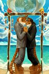  black_hair blue_hair body_markings brown_eyes brown_fur ceremony claws clothing couple cute feline fur gay green_eyes hair love male mammal markings marriage orange_fur pockyrumz pose romantic scar standing stripes suit suits tan_fur tiger toe_claws white_fur 