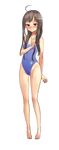  absurdres ahoge akiba's_trip akiba's_trip_1 artist_request bare_legs barefoot blush breasts brown_eyes brown_hair competition_school_swimsuit covered_navel covered_nipples full_body hand_on_own_chest highleg highleg_swimsuit highres long_hair one-piece_swimsuit small_breasts solo standing sweatdrop swimsuit transparent_background 