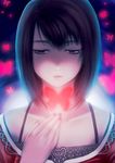  amakura_mio black_hair brown_eyes bug butterfly fatal_frame fatal_frame_2 glowing hand_on_own_chest highres insect lace lace-trimmed_shirt lips shirt short_hair solo spoilers yomogi_(sigematu-yomogi) 