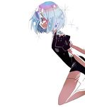  androgynous backlighting blue_hair diamond_(houseki_no_kuni) elbow_gloves from_side gem_uniform_(houseki_no_kuni) gloves houseki_no_kuni puffy_short_sleeves puffy_sleeves short_hair short_sleeves solo sunameri_oishii thighhighs white_background white_legwear 