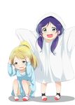  alp ayase_eli bed_sheet blonde_hair blue_eyes blush child ghost_costume green_eyes kindergarten kindergarten_uniform long_hair love_live! love_live!_school_idol_project multiple_girls open_mouth outstretched_arms ponytail purple_hair scared shoes smile toujou_nozomi twintails uwabaki younger 