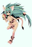  animal_ears animal_print apple big_hair cat_ears cham_cham choker dark_skin eating fang flat_chest food fruit full_body gloves green_background green_eyes green_hair hair_ornament long_hair nipples nude paw_gloves paw_shoes paws ponkotsu samurai_spirits shoes simple_background snk solo tail tiger_print 