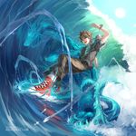  1boy blue_eyes brown_hair converse dragon jacket male male_focus open_mouth shoes sneakers solo surfing water waves 