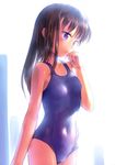  absurdres blue_eyes blush brown_hair covered_navel highres long_hair one-piece_swimsuit open_mouth original parted_lips school_swimsuit shiny shiny_clothes solo swimsuit takoyaki_(roast) 