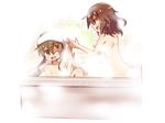  :d ;d ass bathing bathtub blush brown_eyes brown_hair fang highres ikazuchi_(kantai_collection) inazuma_(kantai_collection) kantai_collection long_hair multiple_girls nanateru nude one_eye_closed open_mouth shared_bathing sidelocks smile steam tile_wall tiles towel towel_on_head water 