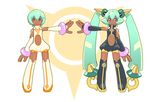  alternate_costume aqua_hair bare_shoulders boots dark_skin detached_sleeves highres multiple_girls navel navel_cutout red_eyes rockman rockman_dash sera_(rockman_dash) short_hair smile tattoo thigh_boots thighhighs tonami_kanji twintails yuna_(rockman_dash) 