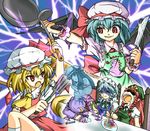  apron ascot bat_wings blonde_hair blue_hair bow braid censored censored_food chair chopsticks clearfile closed_eyes crescent cup fang flandre_scarlet fork frying_pan giving_up_the_ghost hat highres hong_meiling izayoi_sakuya knife ladle long_hair maid maid_headdress multiple_girls open_mouth patchouli_knowledge purple_hair red_eyes red_hair remilia_scarlet saliva short_hair silver_hair sitting skirt skirt_set spatula star sweatdrop table teacup thumbs_up touhou twin_braids wings 