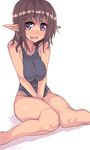  bad_id bad_pixiv_id black_swimsuit blush brown_hair fang looking_at_viewer one-piece_swimsuit original osuman_toruko pointy_ears purple_eyes solo sweatdrop swimsuit white_background 