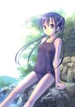  absurdres black_hair blue_eyes hair_ribbon highres long_hair looking_at_viewer one-piece_swimsuit original outdoors ribbon school_swimsuit sitting smile solo swimsuit takoyaki_(roast) twintails 