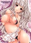  :o apron bare_shoulders bikini black_bikini black_legwear blush breasts copyright_request cover cover_page criss-cross_halter detached_collar doujin_cover fingernails halter_top halterneck highres hotei_kazuha large_breasts long_fingernails long_hair masturbation navel nipples open_mouth purple_eyes pussy_juice self_fondle shiny shiny_skin silver_hair skindentation solo string_bikini swimsuit thighhighs 