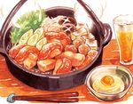  alcohol bad_id bad_pixiv_id beer bowl chopstick_rest chopsticks egg food meat mushroom nabe no_humans original spring_onion steam sukiyaki tofu 
