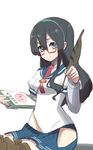  black_hair blue_eyes clipboard glasses highres hip_vent holding kantai_collection left-handed long_hair long_sleeves looking_at_viewer necktie ooyodo_(kantai_collection) quill sitting skirt smile solo tonami_kanji 