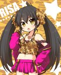  :o animal_print bad_id bad_pixiv_id black_hair character_name hair_ribbon hand_on_hip heart idolmaster idolmaster_cinderella_girls jacket jewelry leopard_print long_hair matoba_risa midriff navel necklace off_shoulder open_mouth ribbon ringo_yuyu skirt solo star strap_slip twintails v-shaped_eyebrows yellow_eyes 